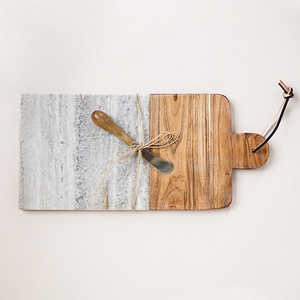 Planche à découper de cuisine en bois d'acacia et marbre avec charcuterie alimentaire forme carrée ardoise à fromage - Product Image 2