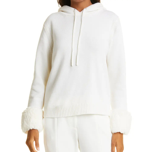 Sweat-shirt d'hiver pour femme, blanc, en tricot, avec poignets en fausse fourrure, coupe classique, couleur unie, anti-boulochage, manches longues, écologique - Product Image 4