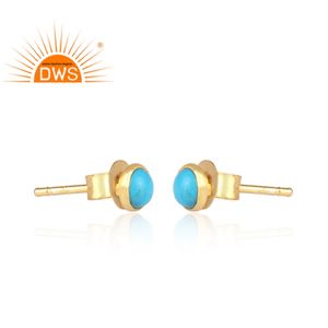 Sky Blue <b>Turquoise</b> Gemstone <b>Earring</b> Round <b>Stud</b> Gold Plated <b>Earrings</b> Silver Jewellery Classic Collection - Product Image 3