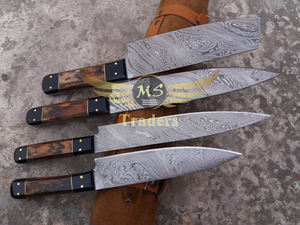 Ensemble de 5 couteaux de cuisine, manche en bois Pakka, emballage en cuir, couteau de chef, couteau à éplucher, ensemble de couteaux Damas - Product Image 4