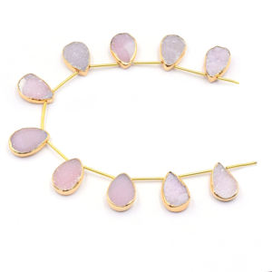 Perles de druse rose en forme de poire, serties d'argent, de 17 à 19 mm, plaquées or, percées sur le dessus, 10 perles par brin - Product Image 6