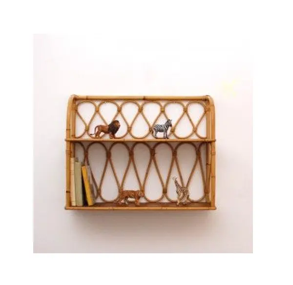 Convenient rattan book wall hanging shelf from Vietnam - 2 tiers rattan shelf