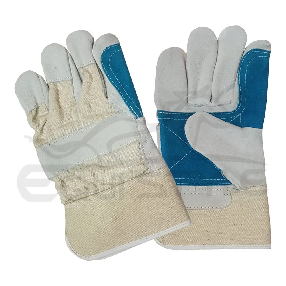 Guantes de trabajo de cuero de alta calidad para hombre y mujer, manoplas protectoras blancas y azules, estilo canadiense