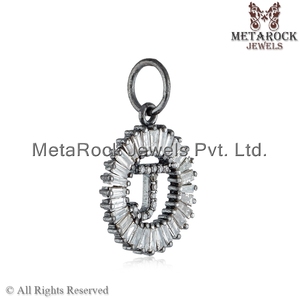 Natural Baguette diamante inicial J 925 oxidado plata alfabeto encanto colgante Unisex venta al por mayor de joyería - Product Image 2