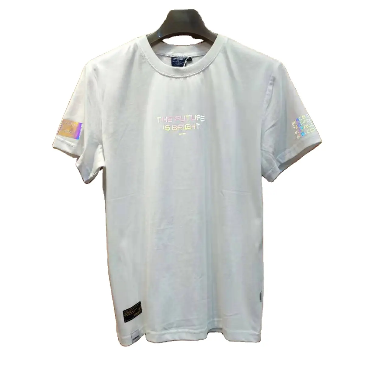Китайские производители товаров, 100 хлопок, г/кв. М, светоотражающая красочная футболка с коротким рукавом и лазерным принтом, рубашки с коротким рукавом большого размера