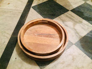 Plateau de service en bois rond, pour le petit déjeuner, décoration faite à la main, avec poignée, plateau rond en bois, meilleure qualité - Product Image 5