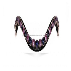 Bande de front de cheval en cuir tanné végétal de haute qualité décorée de strass et de perles cousues à la fin des boucles - Product Image 3