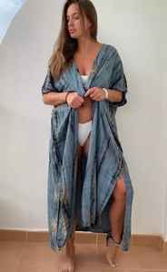 Unisex Tie Dye Oversized Long <b>Kimono</b> Robe Floor-Length Summer <b>Beach</b> <b>Cover</b>-<b>up</b> Eco-Friendly Breathable Woven Natural Waistline - Product Image 4