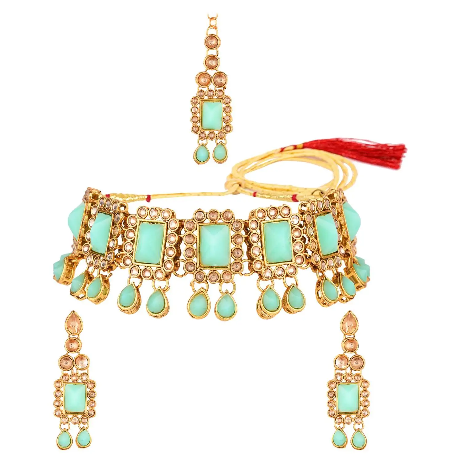 High Quality Indian Jewelry Manufacturer Kundan Crystal Choker Necklace Earrings Set Bollywood Fashion Jewelry for Women