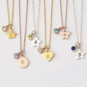 Toddler Jewelry Tiny Charm Engraved Capital Letter Necklace Name Initial With Birthstone Necklace For Baby Girl Birthday Gift