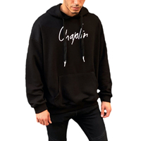Büyük Beden %100 Pamuk 320 GSM Kışlık Erkek Chaplin Siyah Astarlı Kapüşonlu Sweatshirt Günlük Sokak Giysisi Kanguru Cepli Örme Baskılı