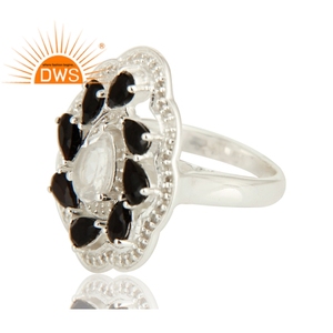 Anillo de cóctel de flor de topacio blanco, cristal de cuarzo, ónix negro, Gema de plata de ley, fabricante de joyería - Product Image 2