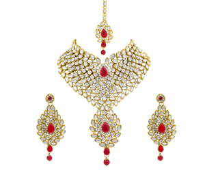 Mariage traditionnel indien et vêtements de fête plaqué or Kundan CZ collier rouge boucles d'oreilles Maang Tikka ensemble de bijoux pour femmes pour cadeau - Product Image 1