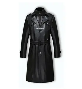 Jet Black 100% Fox Leather Button Closure Unisex Trench Coat available in all leather Colours Made In Pakistan