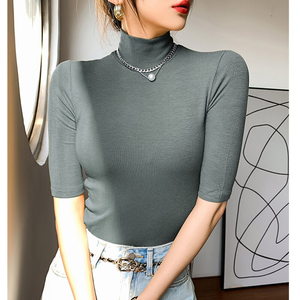 2021 Autumn Customized Women's T-Shirts Casual Digital Print <b>Slim</b> Regular Tops Turtleneck Short Sleeves 100% Cotton Nonwoven - Product Image 3