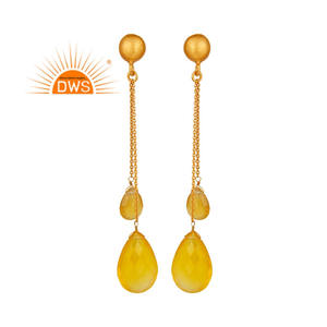 Yellow Chalcedony Drop <b>Earring</b> Designer Gold Plated 925 <b>Silver</b> <b>Chain</b> Dangle <b>Earrings</b> Jewelry Supplier - Product Image 1