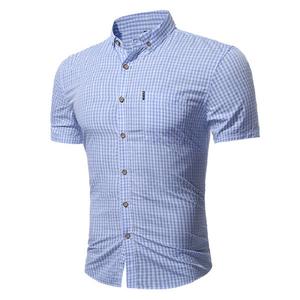 2020 diseño de algodón Casual clásico de negocios pequeños cuadros de impresión de manga corta Casual Turn-Down Collar vestido camisa para hombres - Product Image 1