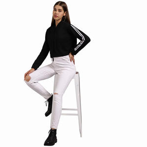 Top court à capuche pour femme, sweat-shirt féminin à la mode, couleur noire pure, cordon de serrage, manches longues, 2020 - Product Image 4
