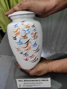 Exquisite Hand-Painted Aluminium Urn Brassworld India's <b>Funeral</b> <b>Supplies</b> with Human Design - Product Image 2