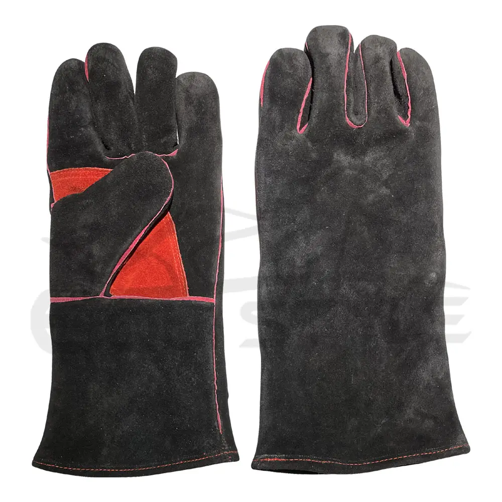 Gants de soudage de sécurité Rouge Noir Vache Split Barbecue Gants de jardinage OEM Taille personnalisée Gants de soudeur en cuir de haute qualité