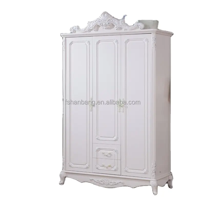 White Antique French European Style 3 Door Carved Wooden Wedding Bedroom Furniture Clothes Cabinet Wardrobe