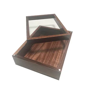 素木照片储物盒礼品，带磁性盖子，顶部透明窗户核桃展示盒，带玻璃盖奖牌盒