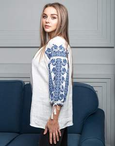 Best Selling Designer Ukrainian White Blouse With <b>Blue</b> Embroidery Birds Long <b>Dress</b> Decorated With Tussles - Product Image 3