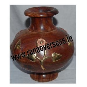 Vase à fleurs en bois fait main marron avec incrustation en laiton pour restaurant hôtel et décoration de la maison - Product Image 5