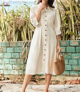 Nuevo Vestido Formal de Lino Crepé 100% Blanco, Manga 3/4, Cuello Camisero, Largo hasta la Rodilla, Transpirable para Mujer - Product Image 3