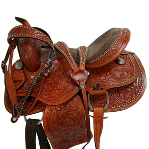 Premium Y & Z 14 "-18" Barril de cuero occidental genuino Wade Asiento de sillín Durable Horse Tack Set Árbol de fibra Herrajes de acero inoxidable - Product Image 1