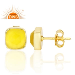 Boucles d'oreilles en calcédoine jaune plaquées or 14 carats, argent 925, boucles d'oreilles à clous en forme de coussin, coupe rose, fournisseur de bijoux, collection classique - Product Image 3