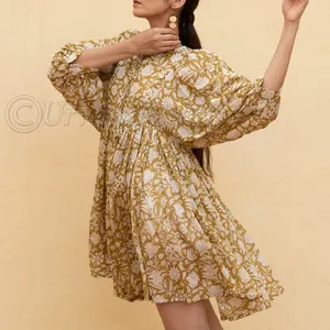 Robe courte à col rond en coton pour femmes, bloc de mains indien, manches courtes, tenue décontractée, taille haute, nouvelle collection
