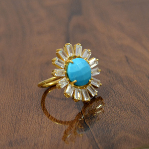 Anillo ajustable de piedras preciosas azul turquesa chapado en oro de 18 quilates al por mayor, Alianzas de Boda florales de Plata de Ley 925 - Product Image 2