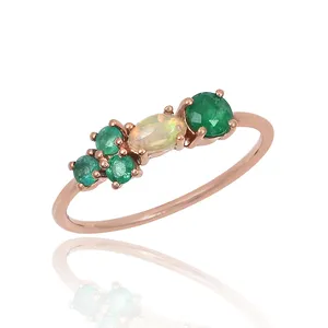 Design classique haut de gamme 925 bague en argent sterling massif opale et onyx vert multi pierres précieuses avec bague plaquée or rose