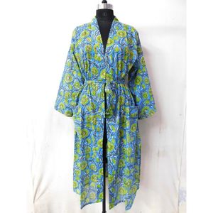 Camisón Kimono de Algodón Puro para Dama de Honor, Diseño Artesanal, Talla XL, para Verano y Otoño, Cuello en V, Estampado Floral Azul Verdoso, Maxi - Product Image 2