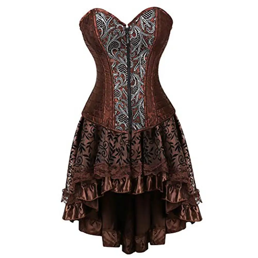 Corsé Steampunk de talla grande 6, corpiño brocado sexy gótico punk con hebillas, corsés de cuero con falda, disfraz de pirata burlesco