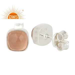 Designer 925 Fine Silver Cushion Shape Stud Earrings Supplier Jewelry Rose Chalcedony Gemstone Studs Wholesale - Product Image 3