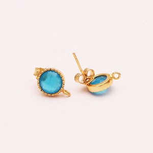 Pares de pendientes de tuerca de moda para mujer, aretes de tuerca de Gema azul calcedonia, joyería de latón dorado, aretes de moda para mujer, par de joyería - Product Image 2