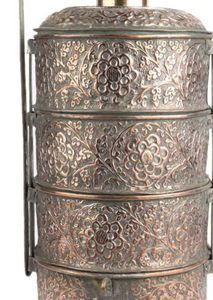 Diseño en relieve Forma redonda Tiffin Box Hecho a mano Cobre Cuatro niveles Comida Almuerzo Bento Box para superventas - Product Image 5