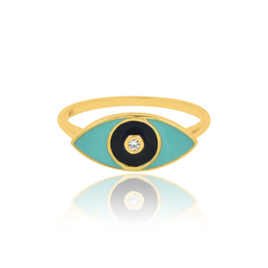 Anillo de Plata de Ley 925 Chapado en Oro con Diseño Atractivo, Zirconia Blanca, Ojo Turco y Esmalte Verde, Fabricación al por Mayor - Product Image 3