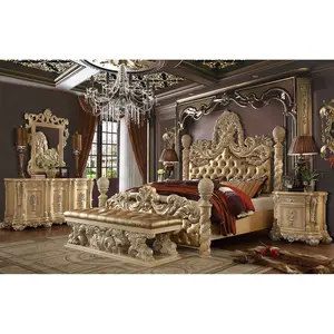 Villa tallada a mano de madera sólida dorada de estilo europeo, conjunto de dormitorio de tamaño King, cabecero de cuero, muebles de boda
