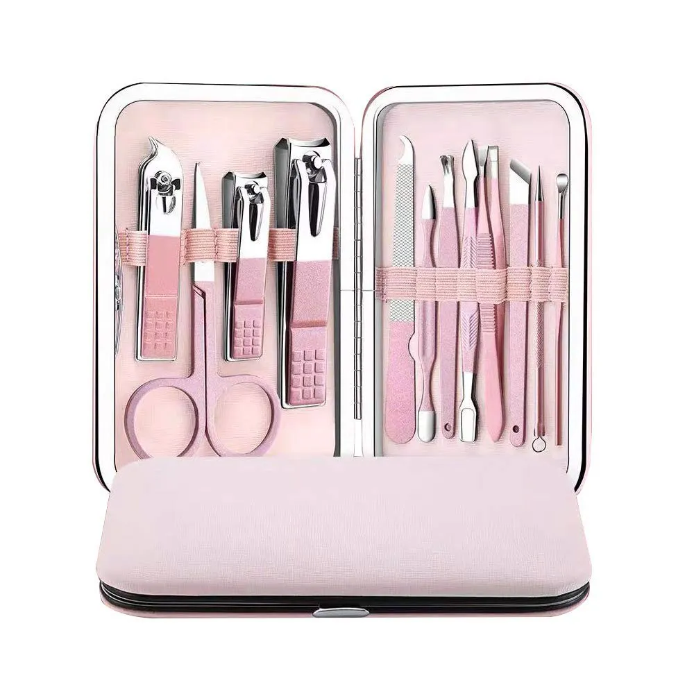 Set de manucure, pinces, pinces, poussoir, limes, pinces et outils de nettoyage pour ongles avec étui en PU, ciseaux pour ongles