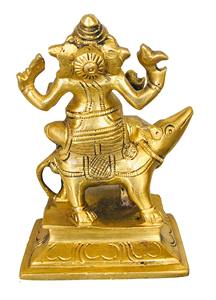 งานฝีมือนิรมลา รูปปั้นพระพิฆเนศทองเหลืองนั่งบนฐานมูชาค พร้อมรูปปั้นหนูวินายากา มูรตี ผลิตในรัฐราชสถาน ทำด้วยมือ - Product Image 5