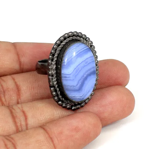 Cincin Lapis Batu Akik Renda Biru Alami Hitam