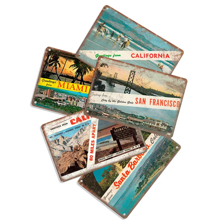 Insegne pubblicitarie Vintage serie di artisti stampe in metallo segni cartolina di viaggio auguri della California dal segno di metallo
