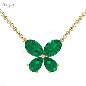 Butterfly Emerald Necklace 6X4mm Oval Cut Gemstone Pendant 14k Real Gold Hallmarked Necklace Handmade Jewelry at Factory Price