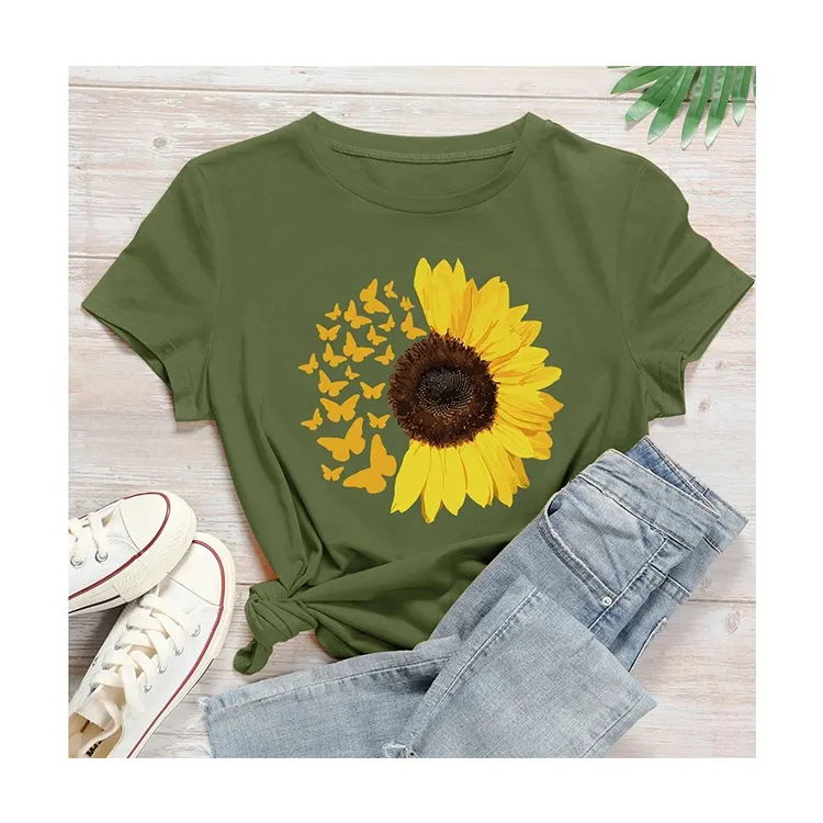 Sunflower Printed O-Neck t shirt Women Loose fit floral printed tee shirt clothing women