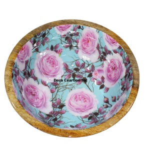 Tazón de Madera Deco Ceartion Inc con Diseño de Rosa Rosa Esmaltada, Vajilla Decorativa Hecha a Mano con Flores - Product Image 1