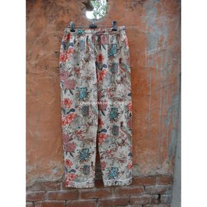 Traje de noche con estampado de pájaros de algodón orgánico 100%, Conjunto de pijama indio Beige para verano, ropa de dormir de talla grande al por mayor - Product Image 3