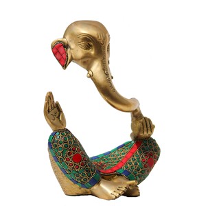 Nirmala Handicrafts - Estatua de Ganesha de Latón de Estilo Art déco Moderno con Trabajo en Piedra Multicolor, Ídolo de Ganpati, Escultura de Sobremesa - Product Image 4